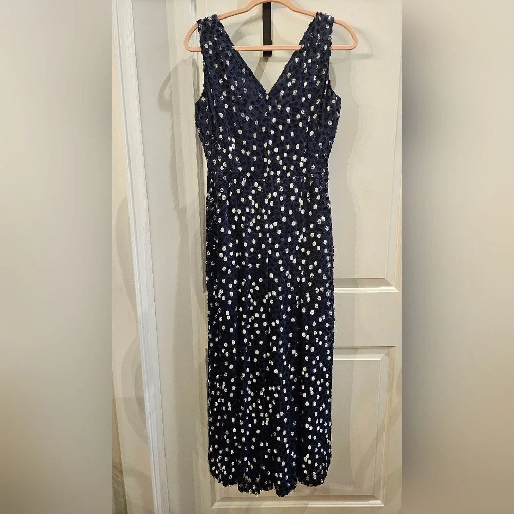 KATE SPADE NY‎ Women's 4 Navy/Silver Scatter Dot Silk Velvet Burnout Jumpsuit